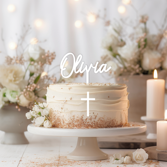 Baptism Name & Cross Cake Topper