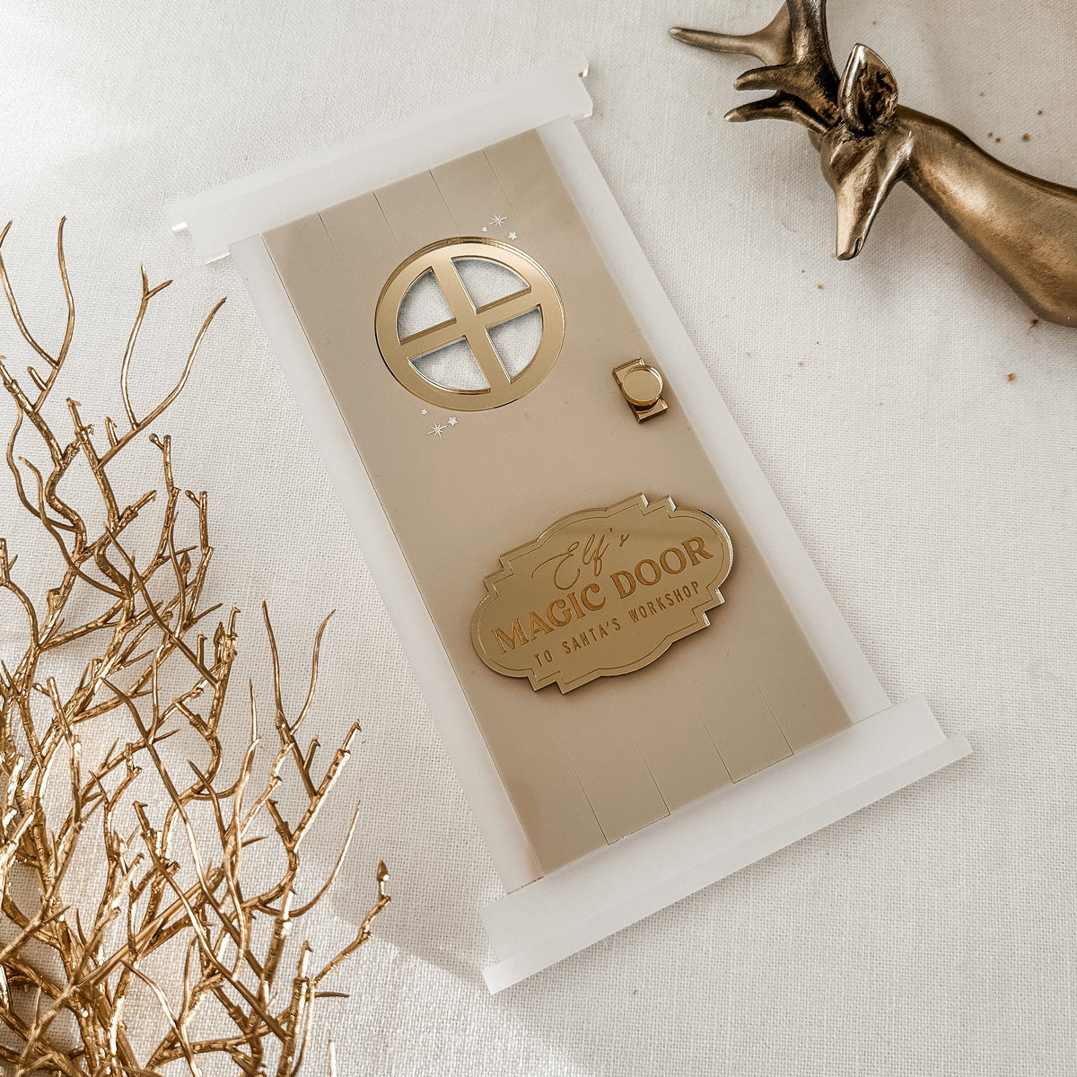 Christmas Elf Door – Acrylic Magical Holiday Decoration with Iridescent Windows & Luxe Golden Sign
