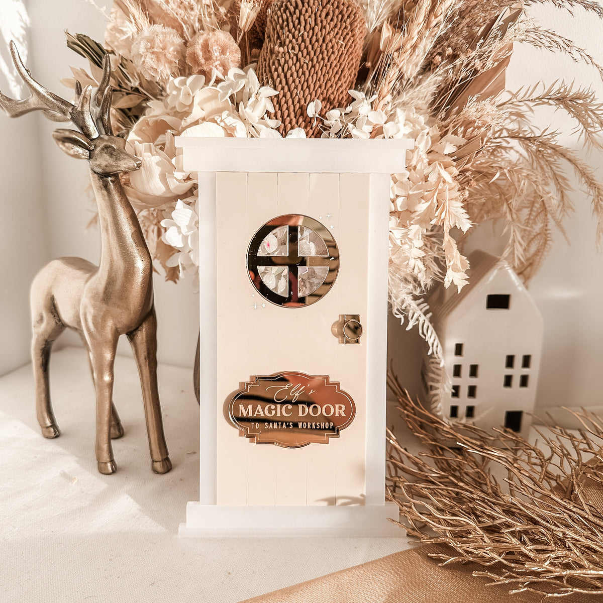 Christmas Elf Door – Acrylic Magical Holiday Decoration with Iridescent Windows & Luxe Golden Sign