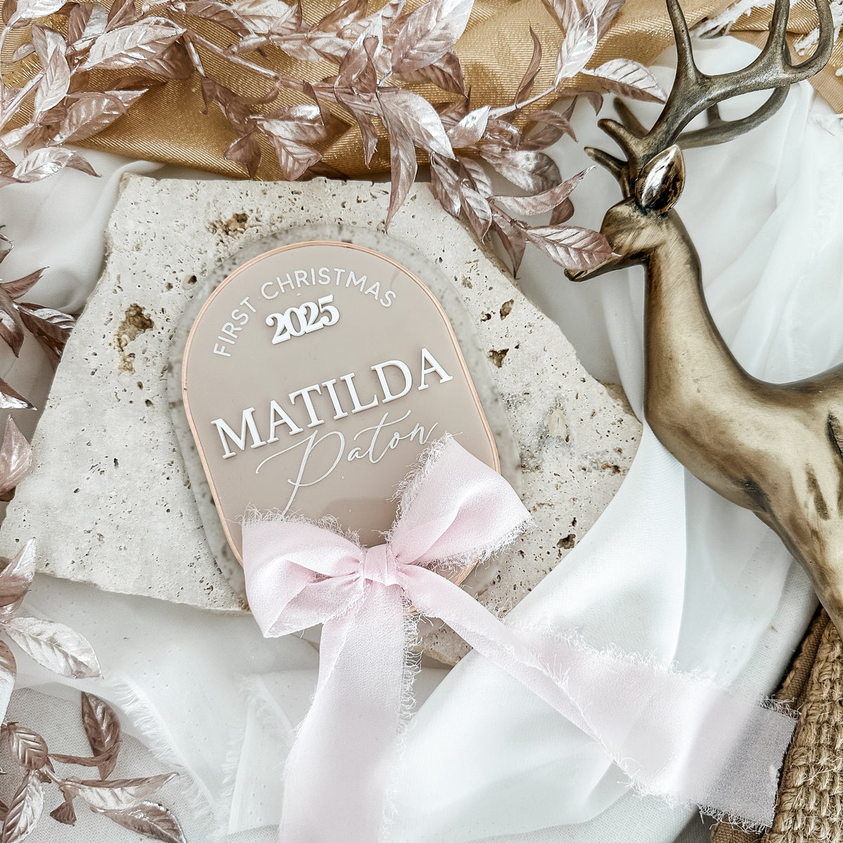 Personalised First Christmas Plaque with chiffon ribbon
