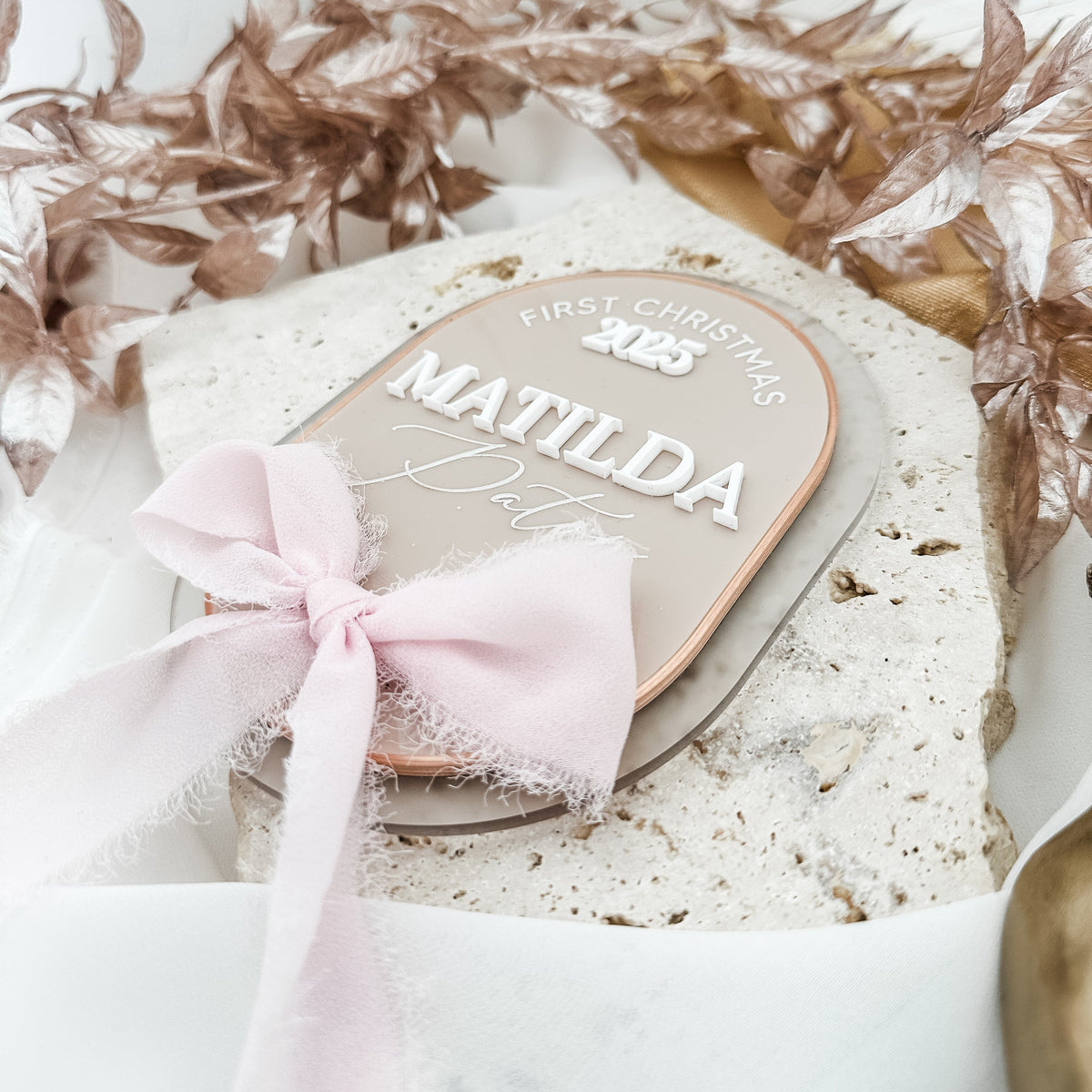 Personalised First Christmas Plaque with chiffon ribbon